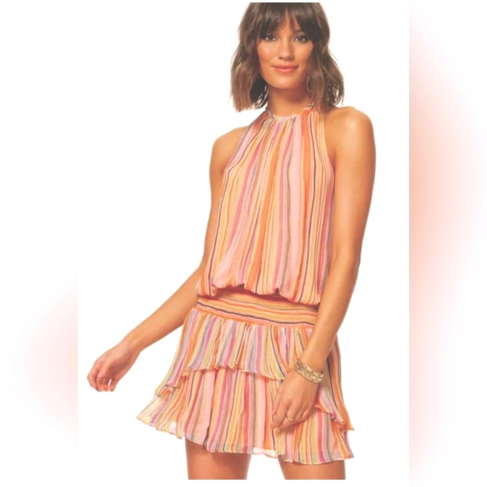 Ramy Brook Tobie Striped Smocked Waist Sleeveless Orange Multicolor Mini Dress